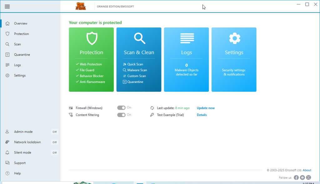 Emsisoft Orange Edition antivirus dashboard showing Web Protection, File Guard, Behavior Blocker, and Anti-Ransomware enabled